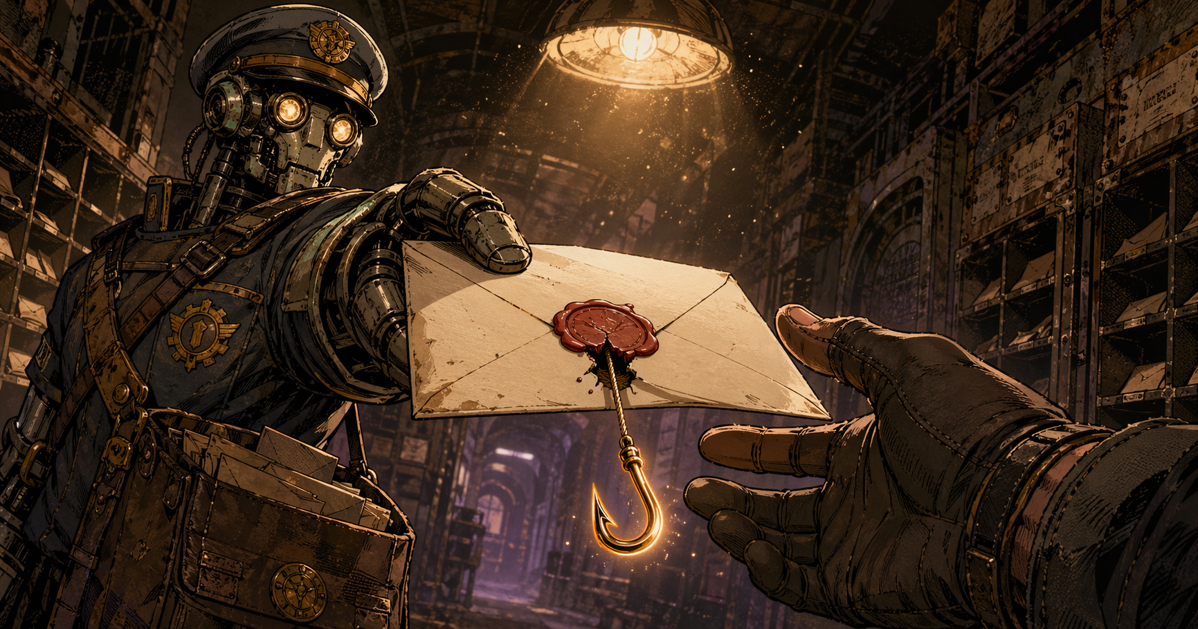 Dieselpunk postal courier delivering a sealed envelope with a hidden fishhook slipping out — Azure Monitor callback phishing