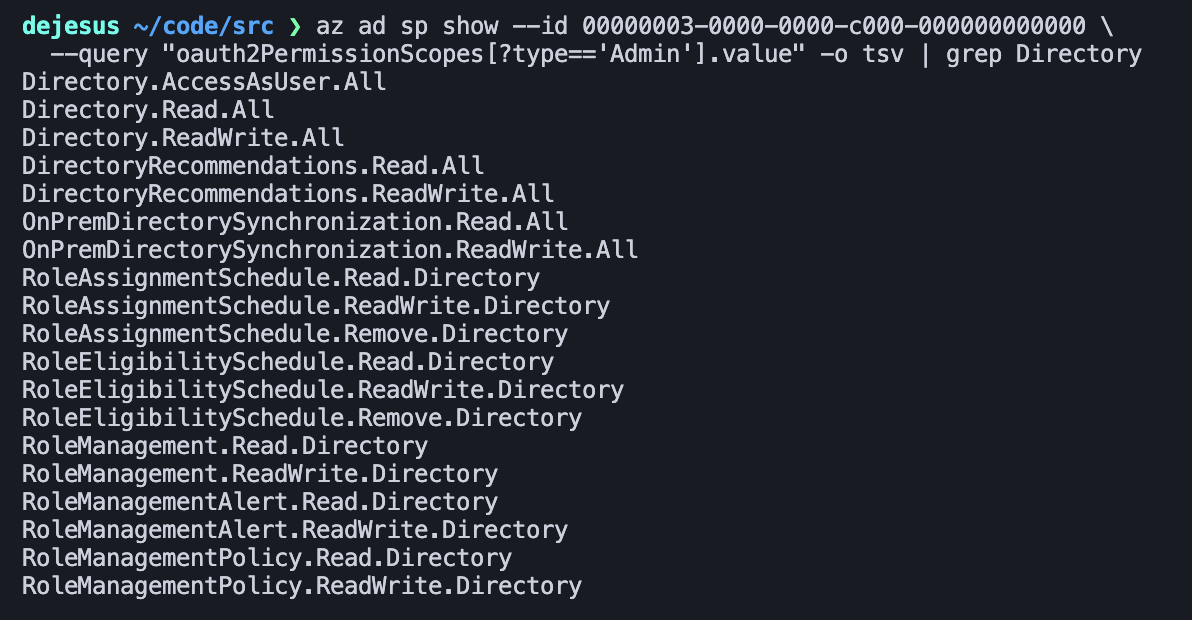 Terminal output of az ad sp show filtered by Directory showing admin-consent-required delegated scopes including Directory.AccessAsUser.All, Directory.Read.All, Directory.ReadWrite.All, and several role-management scopes