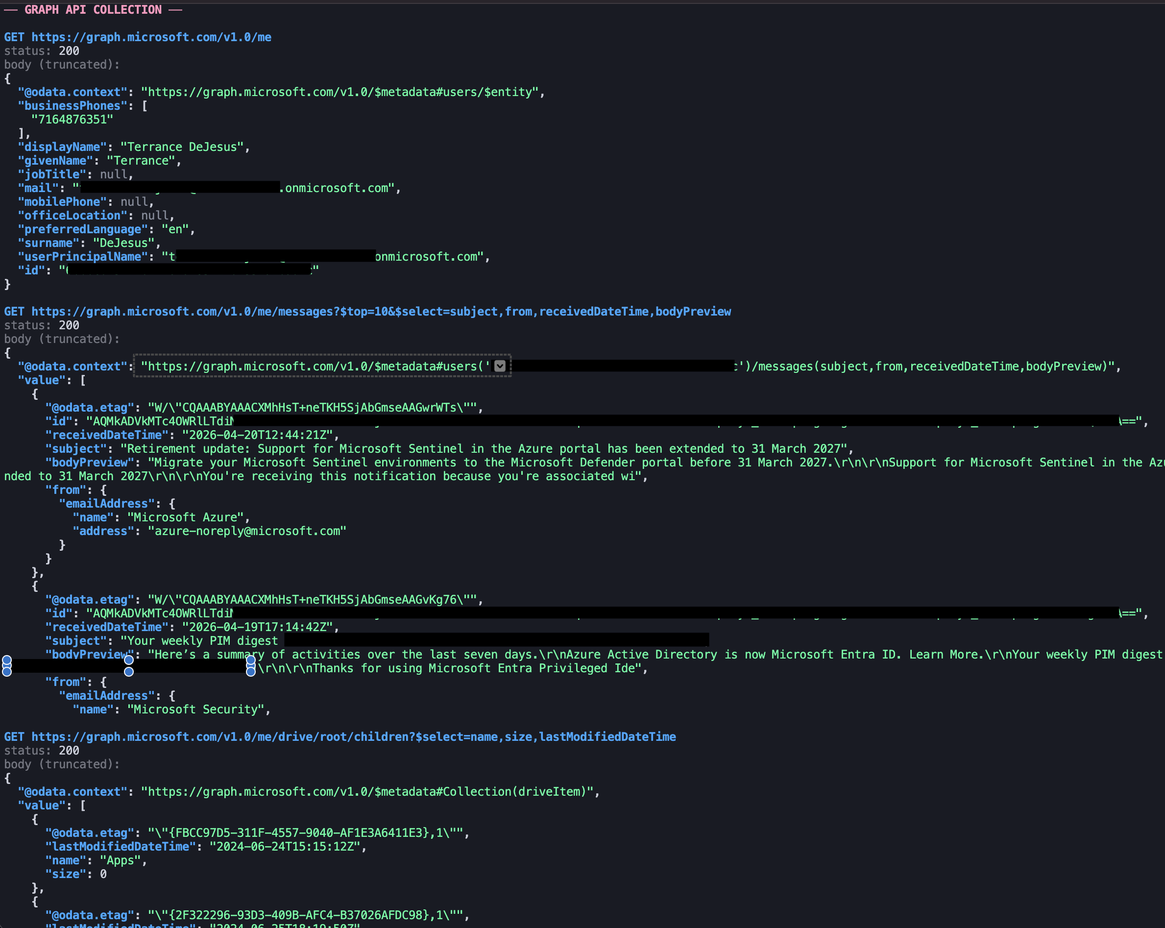 Screenshot of the Microsoft Graph requests and response