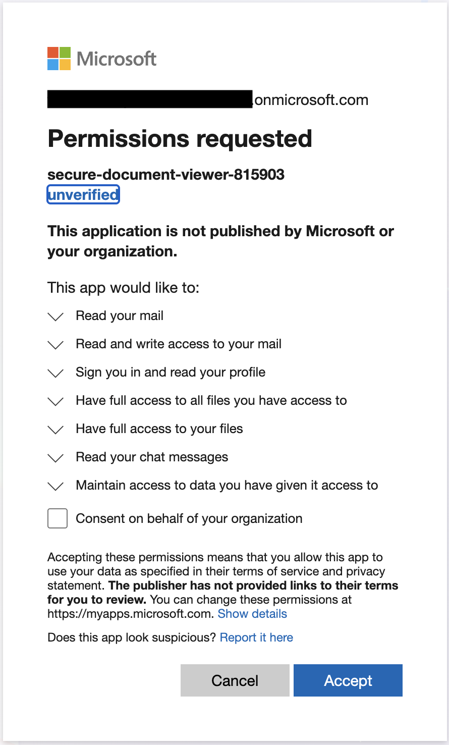 Screenshot of the Microsoft OAuth consent prompt showing requested permissions