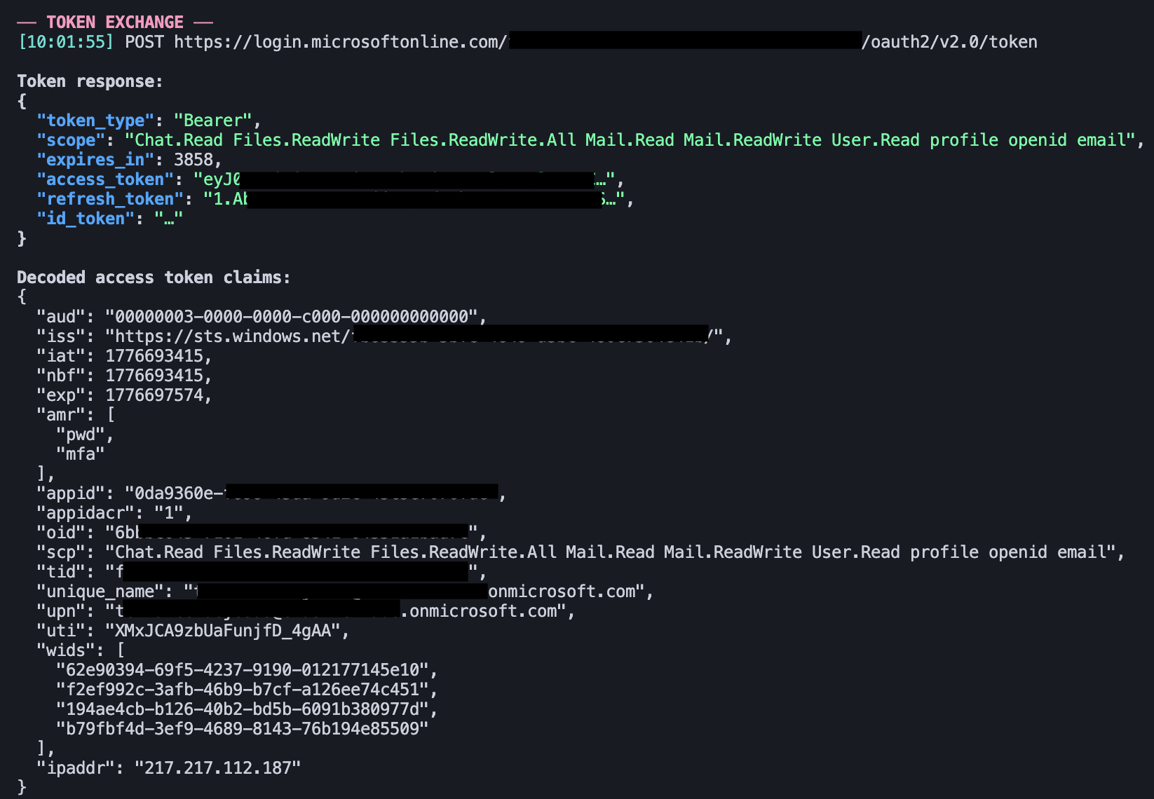 Screenshot of token exchange output showing successful data access